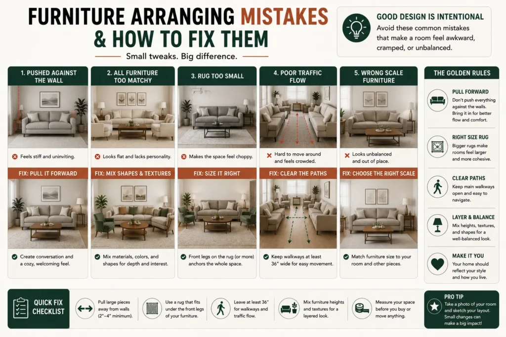 Small apartment living room layouts comparison showing common furniture arrangement mistakes and space-saving solutions with recommended clearance measurements and improved traffic flow