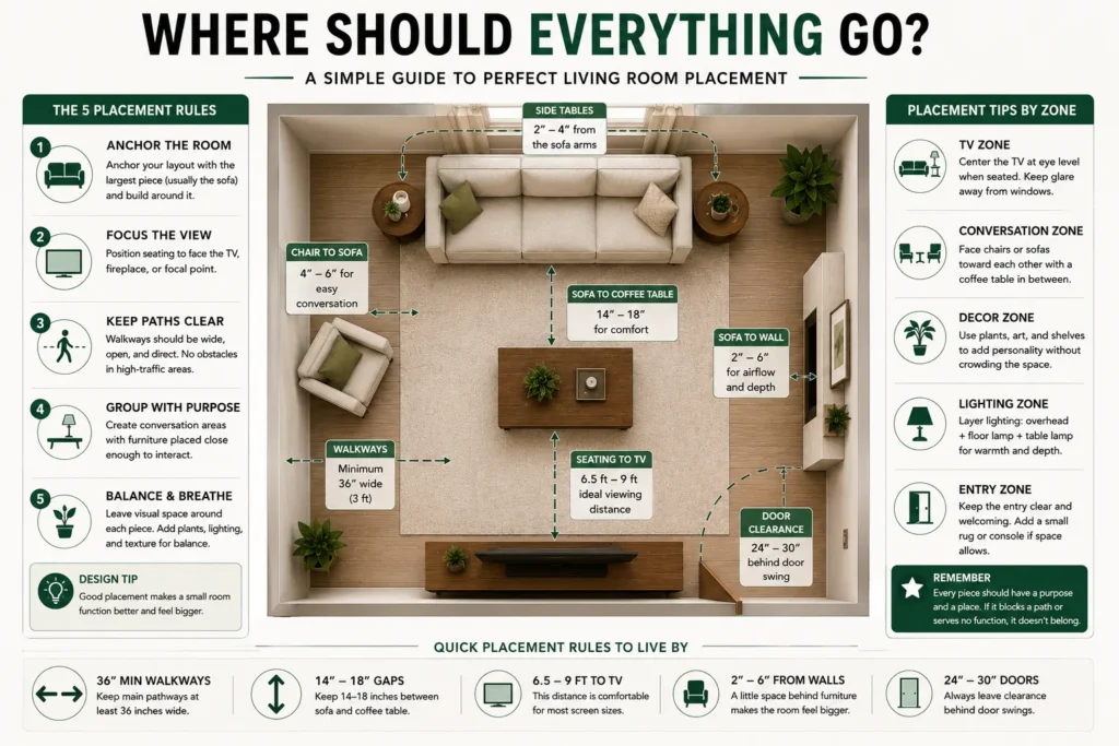 Small apartment living room layouts showing the ideal placement of a sofa, coffee table, TV, accent chair, and walking space with recommended measurements for efficient furniture arrangement