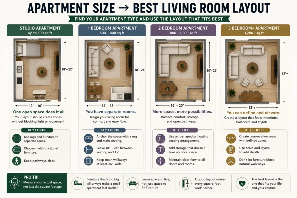 Small apartment living room layout guide showing the best furniture arrangement and recommended measurements for compact spaces and different room sizes
