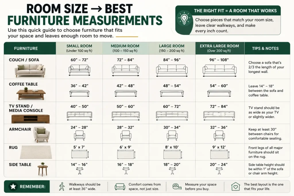 Furniture size guide by living room square footage