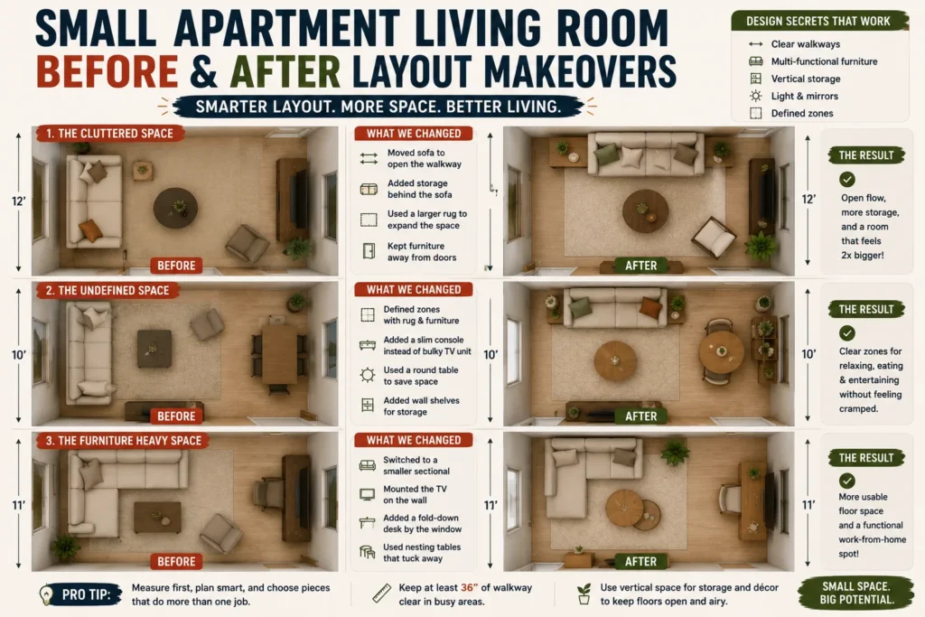 Before and after small apartment living room layout makeover showing improved furniture placement, better traffic flow, space-saving design, and optimized room measurements