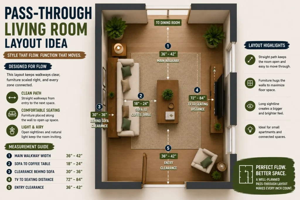 Pass-through small apartment living room layout with optimized furniture placement, clear walking paths, and recommended spacing measurements for smooth traffic flow