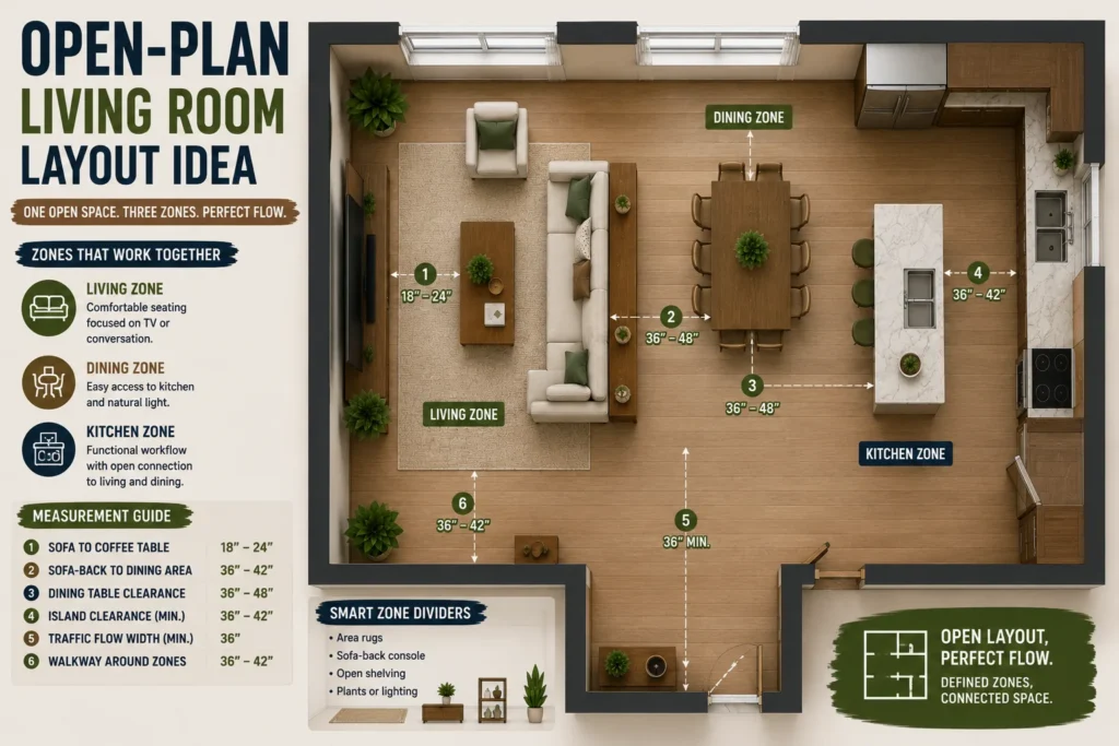 Open-plan apartment living room layout with zone dividers