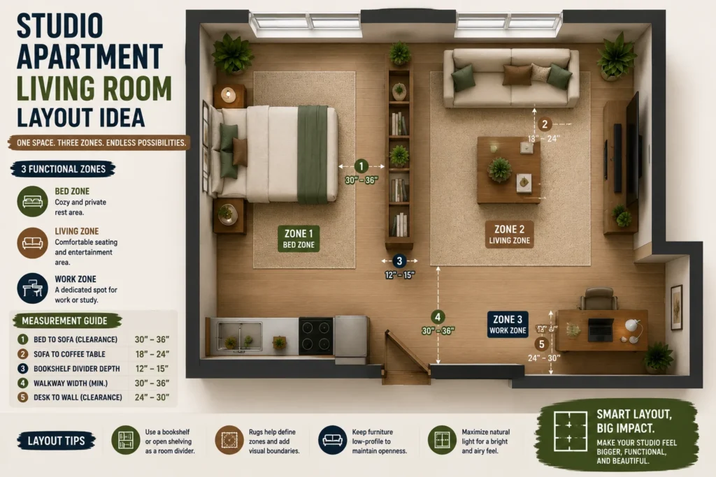 Studio apartment living room layout with bed and seating zones