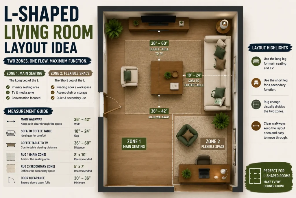 L-shaped living room layout with divided functional zones