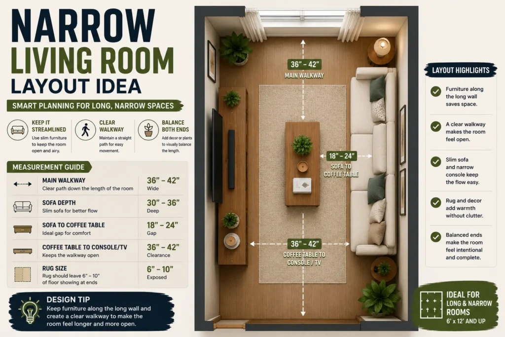 Long narrow living room layout with furniture along the long wall