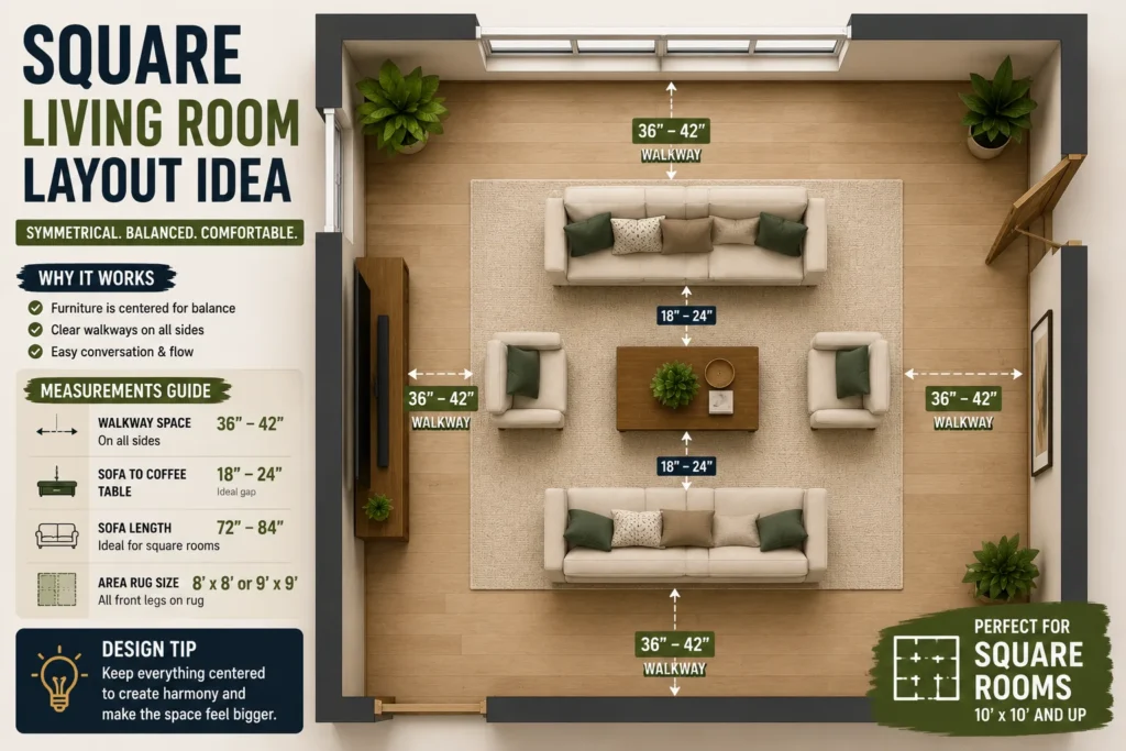 Square living room layout with centered seating arrangement