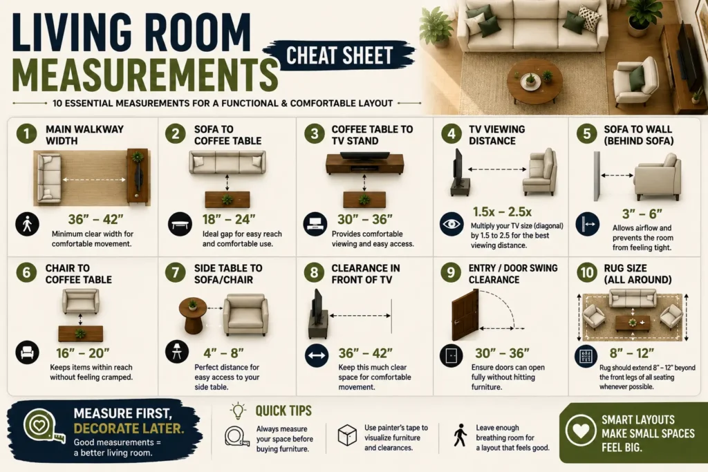 Living room measurement cheat sheet with walkway and furniture clearances