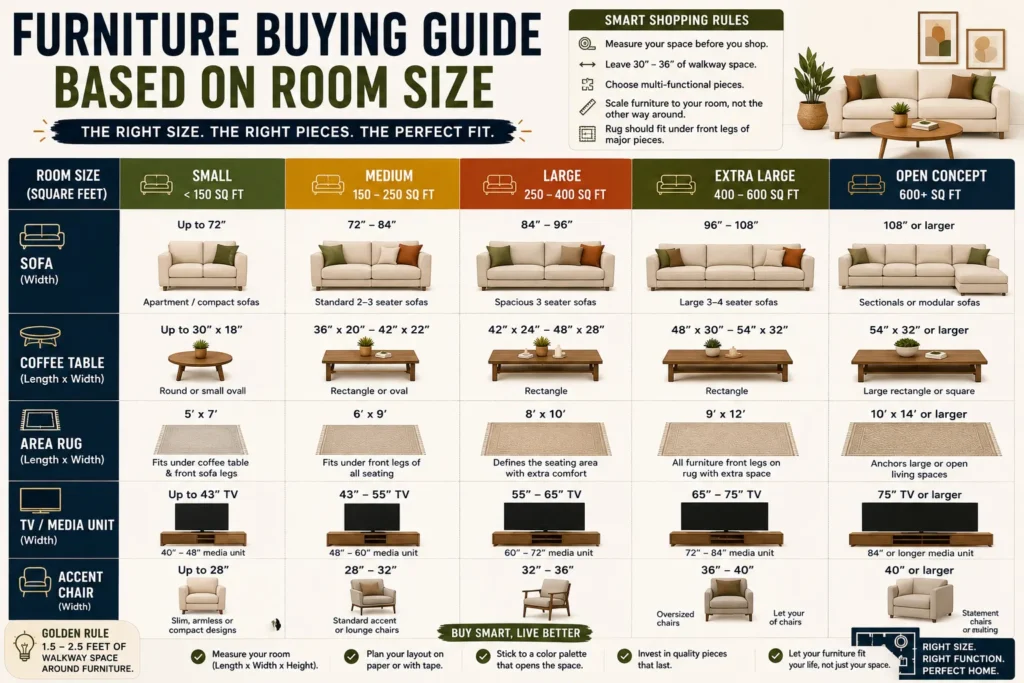 Furniture buying guide for small apartment living rooms showing recommended sofa, coffee table, TV stand, accent chair, and rug sizes based on room measurements