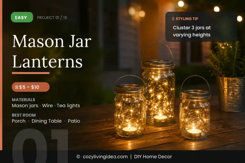 DIY home decor using recycled materials including mason jar lanterns 