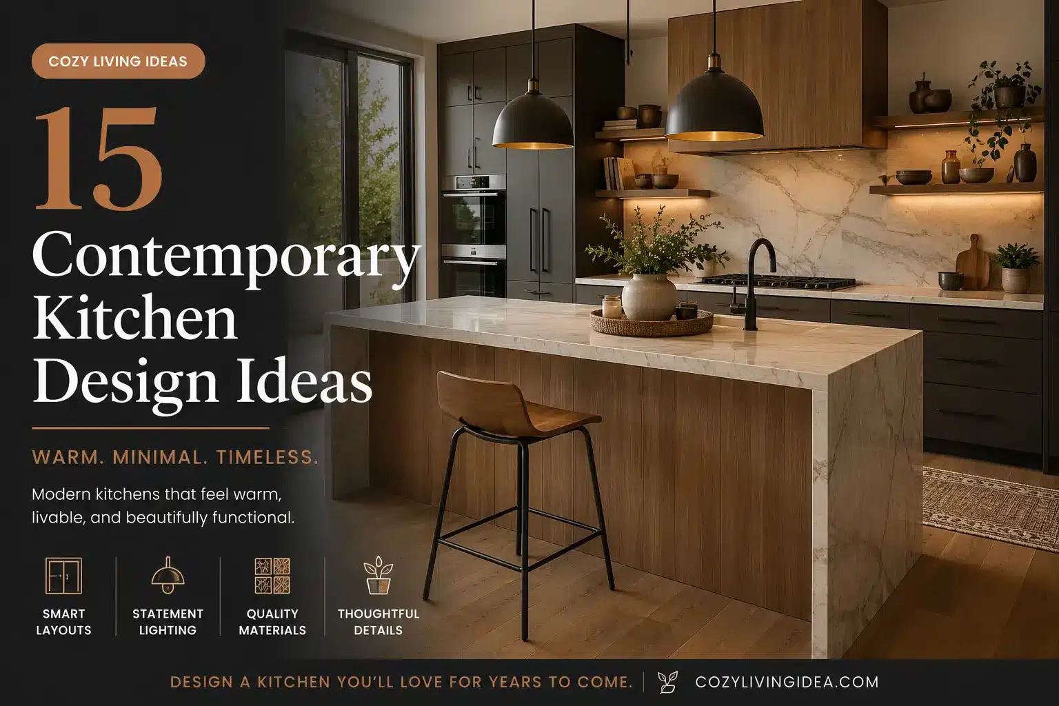 Contemporary kitchen design with waterfall oak island, matte black hardware, and large-format stone backsplash