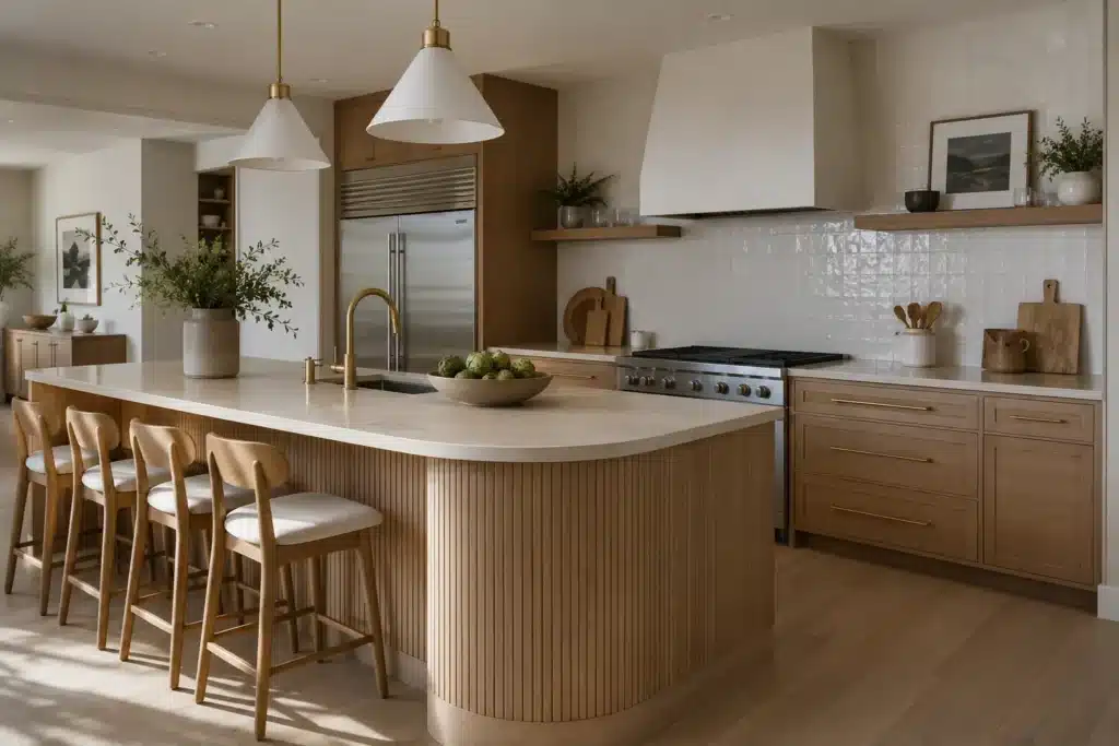 Contemporary kitchen featuring a custom curved island corner with fluted wood paneling, a light stone countertop, warm oak cabinetry, brass fixtures, and soft natural lighting for a timeless modern design.