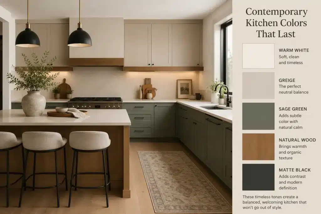Modern contemporary kitchen featuring timeless warm white, greige, sage green, natural wood, and matte black color palette with minimalist cabinetry, wood accents, and neutral finishes designed for a long-lasting, elegant look.