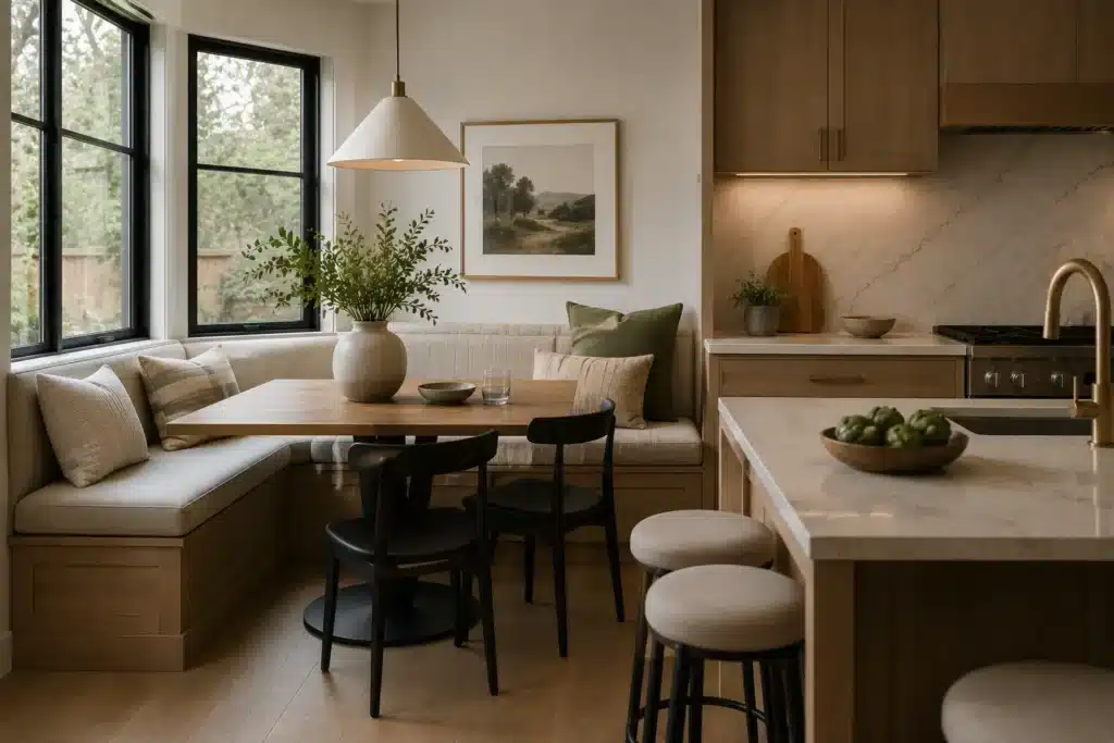 Contemporary kitchen featuring a custom built-in upholstered banquette with a wooden dining table, performance fabric cushions, warm oak cabinetry, natural stone countertops, and soft natural light creating a cozy breakfast nook.