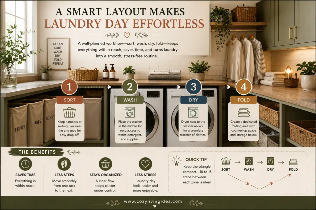 Laundry Room Design Ideas:  Plan the Work Triangle: Sort, Wash, Dry, Fold