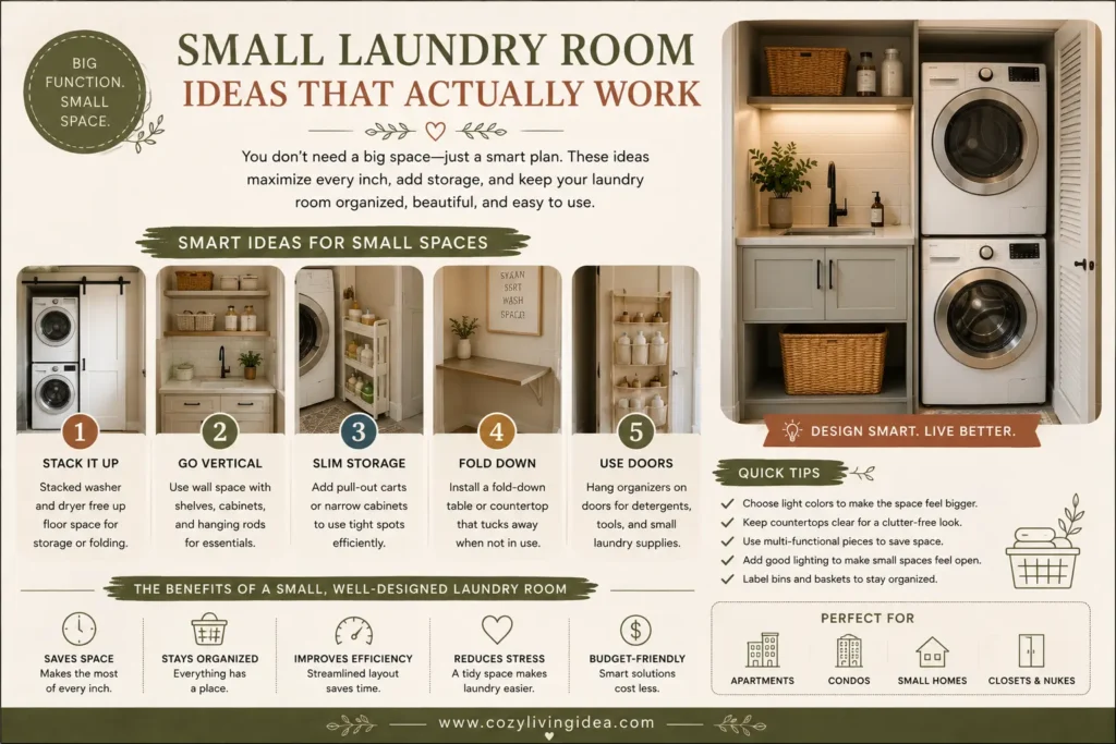 Infographic showing space-saving small laundry room ideas with vertical storage, stacked washer and dryer, and fold-down workspace.