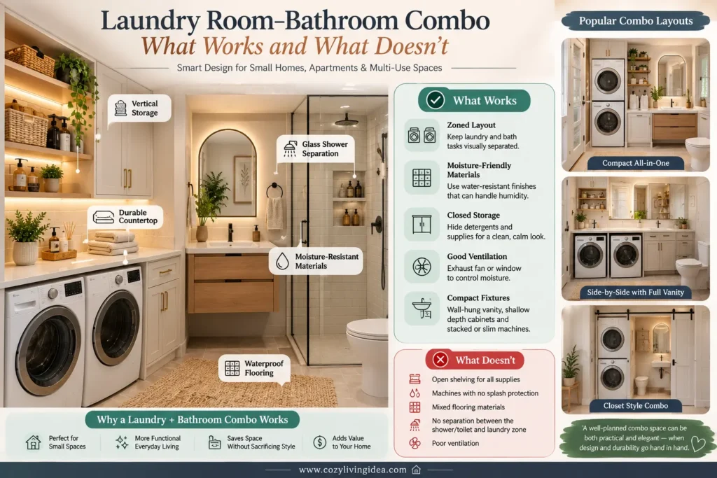 Infographic showing smart laundry room and bathroom combo layout with practical design dos and don'ts.