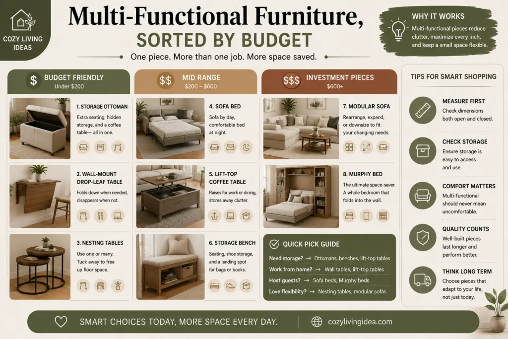 Small Space Living Ideas: Infographic comparing budget-friendly multi-functional furniture for small living rooms