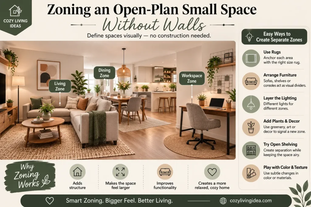 Open-plan small living room with smart zoning using furniture, rugs, and lighting.