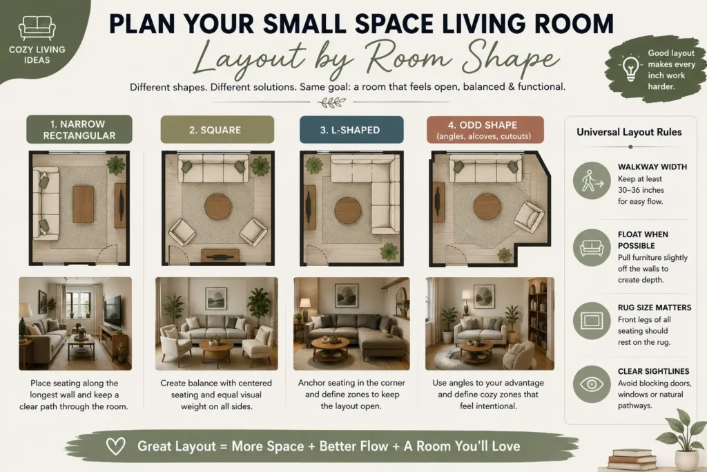 Small Space Living Ideas: Infographic showing smart small living room layouts for different room shapes.