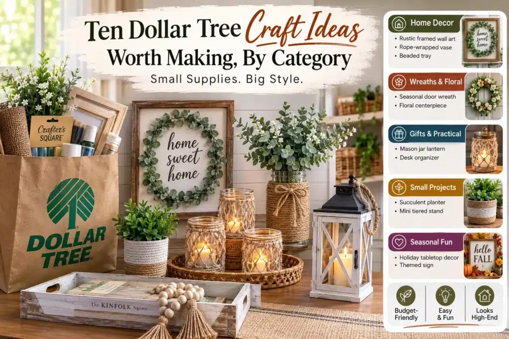 DIY Dollar Tree craft ideas organized by category with home decor projects