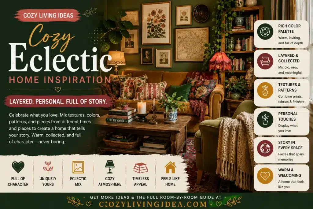 Cozy eclectic living room with layered vintage decor
