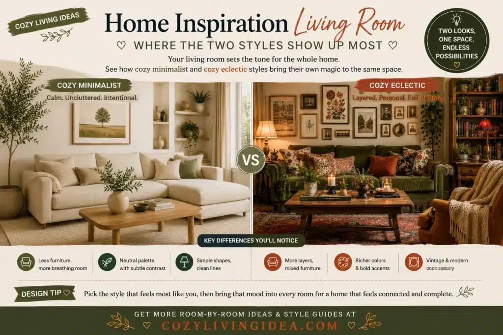 Home Inspiration Ideas: Cozy minimalist and eclectic living room comparison