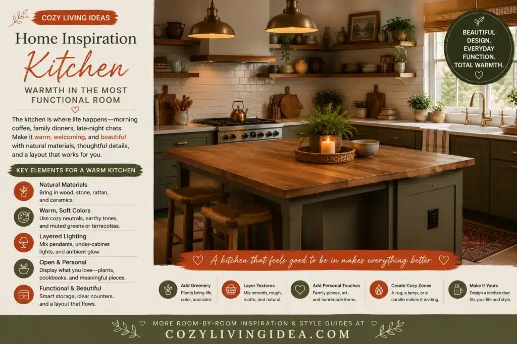 Warm cozy kitchen with wood island and natural decor