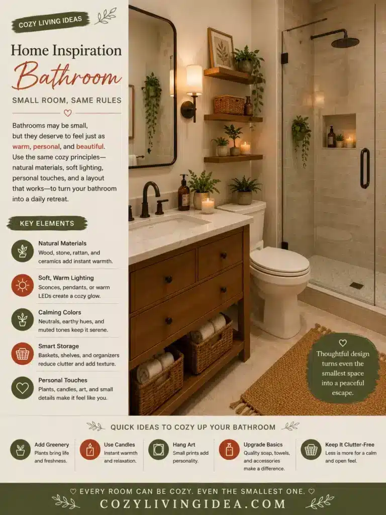 Cozy small bathroom with warm wood vanity and plants