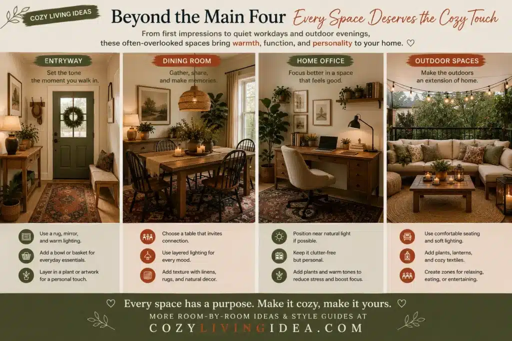 Cozy entryway, dining room, home office and patio inspiration