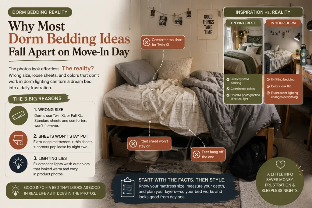 Infographic showing why most dorm bedding ideas fail on move-in day, highlighting Twin XL sizing mistakes, loose fitted sheets, harsh fluorescent dorm lighting, and the difference between Pinterest-inspired dorm beds and real college dorm setups.