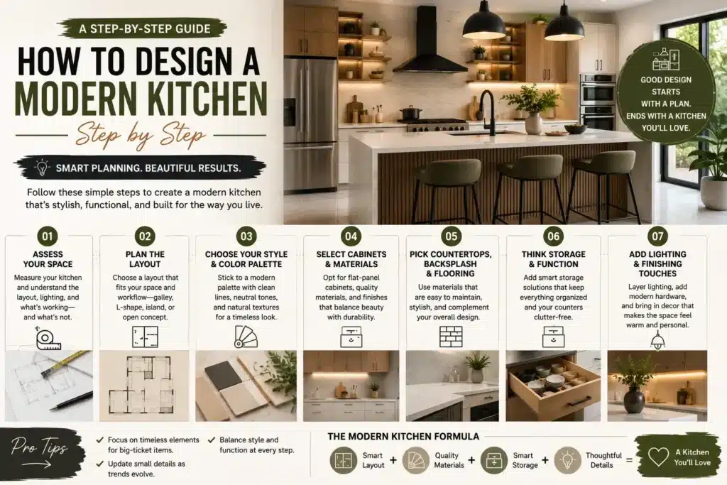 25 Modern Kitchen Design Ideas for 2026 : Step-by-step modern kitchen design guide showing layout planning, cabinet selection, countertop choices, smart storage, lighting, and finishing touches for a stylish kitchen.