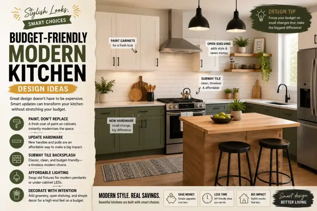 Modern Kitchen Design Ideas: Affordable modern kitchen makeover with painted cabinets, open shelving, subway tile backsplash, wood island, and budget-friendly decor ideas.