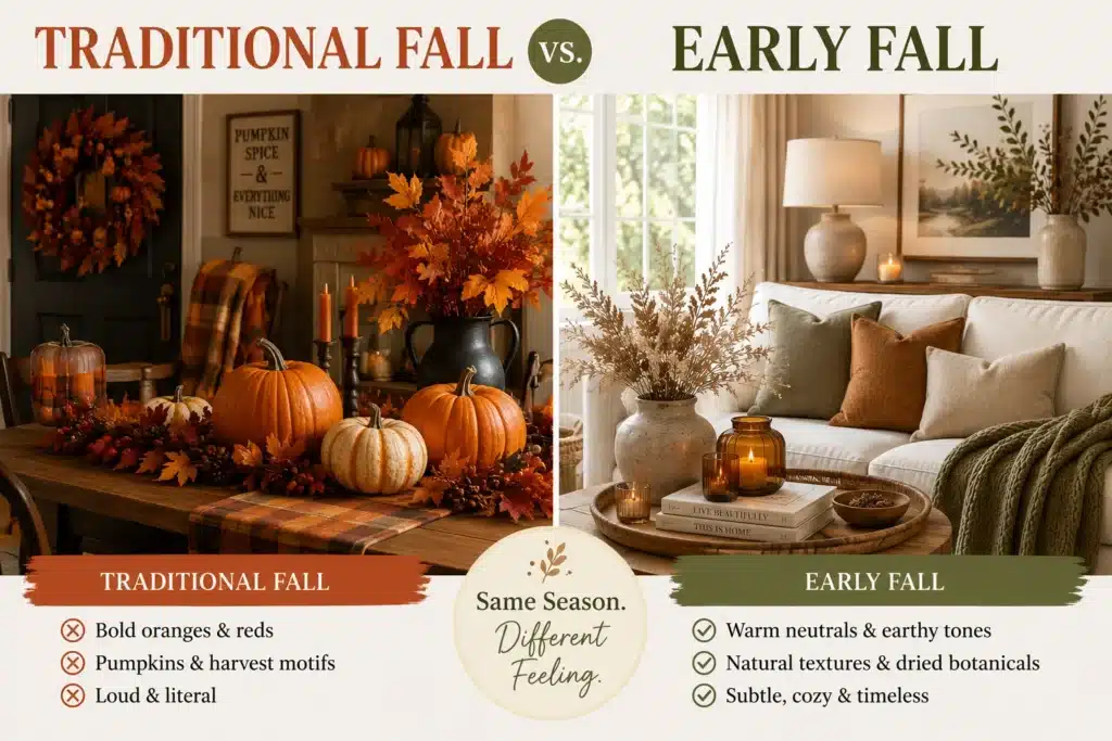 Traditional fall decor versus early fall decor comparison