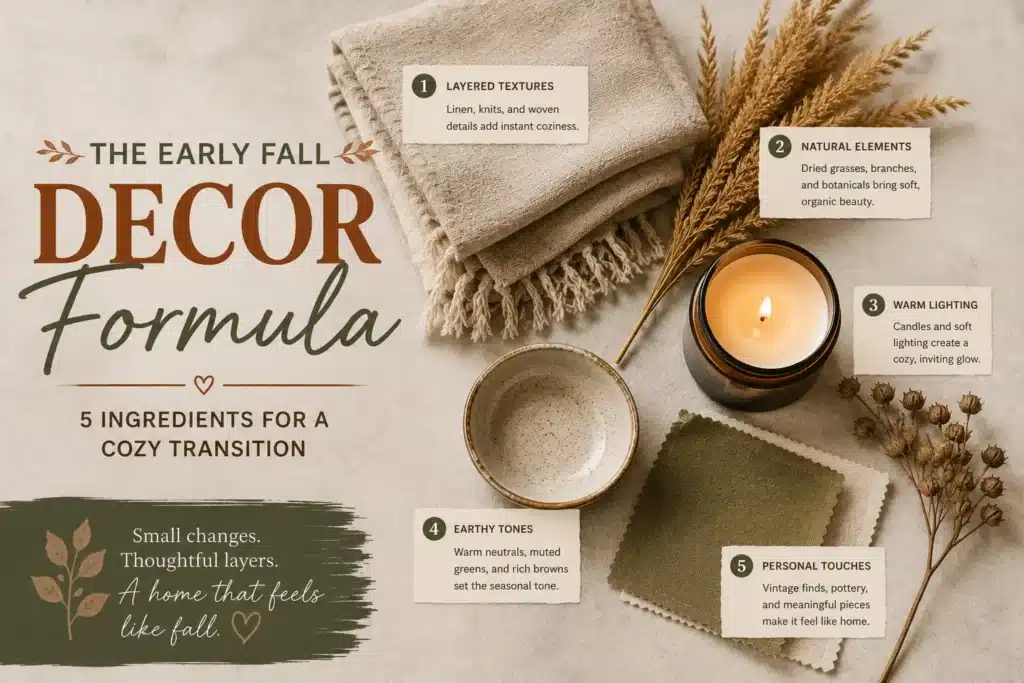 Early fall decorating formula flat lay with linen, candle, and dried grass