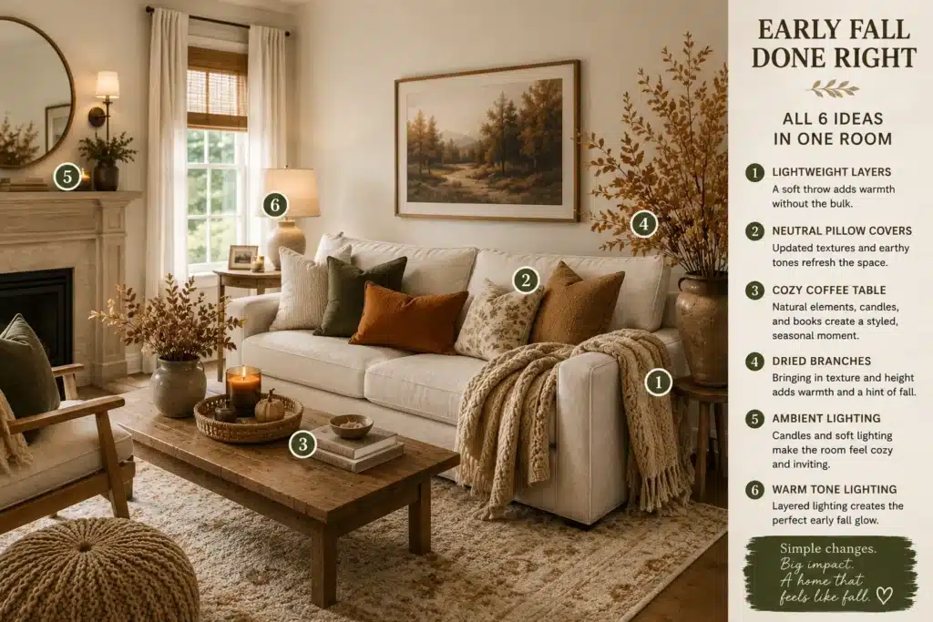Early fall living room decor with neutral pillows and dried branches
