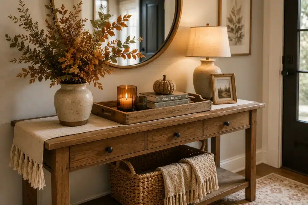 Early fall entryway console table decor with linen and dried greenery