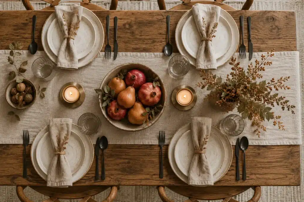 Linen table setting with stoneware and seasonal fruit for early fall