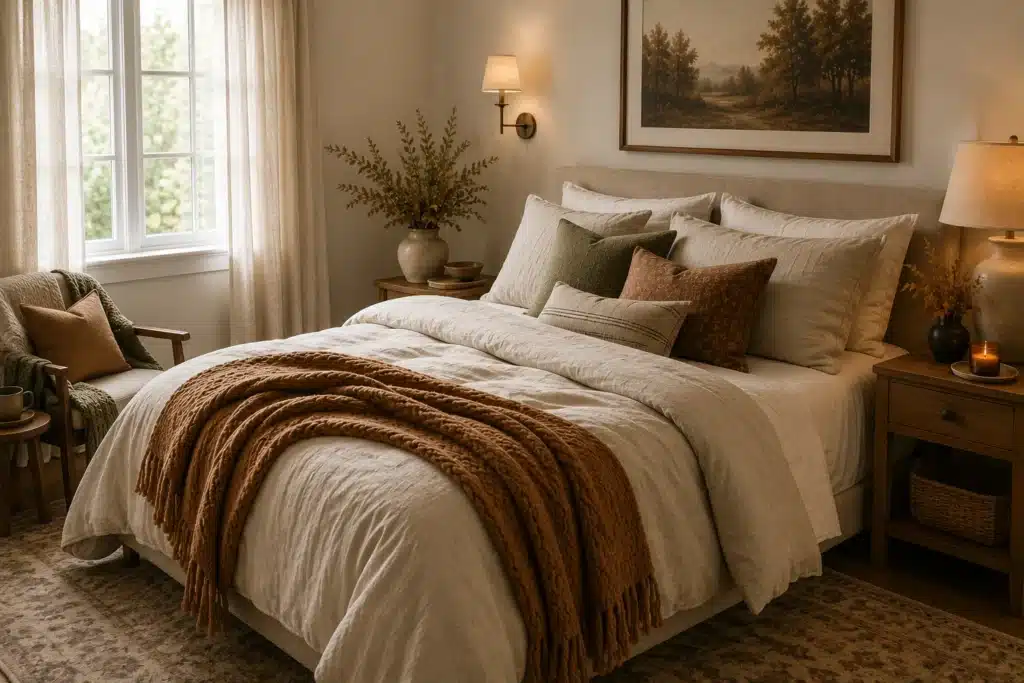 Warm linen bedding for early fall bedroom decor