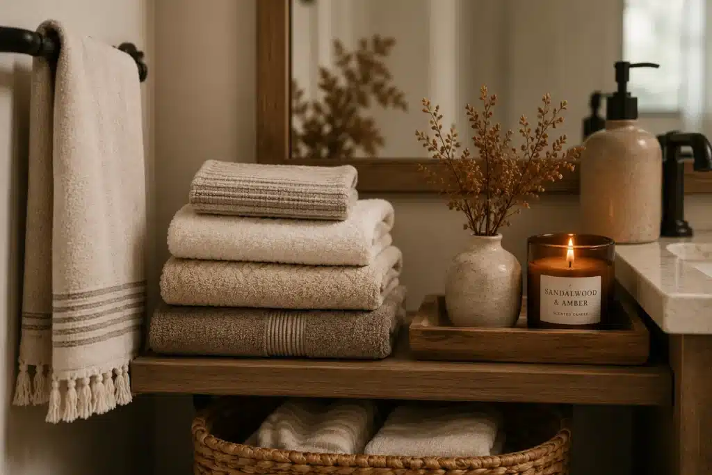Neutral bathroom towels and candle tray for fall decor
