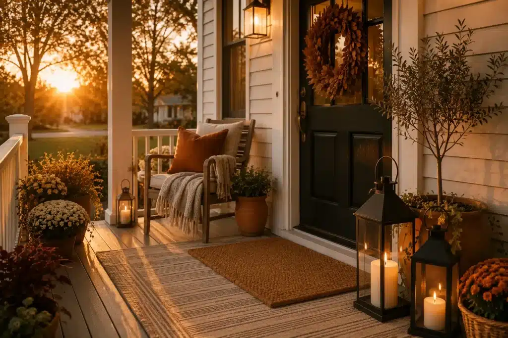 Early fall front porch decor with lanterns and terracotta planters