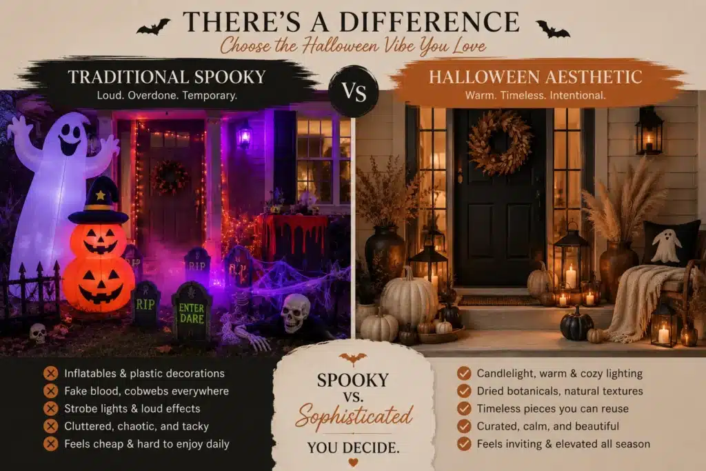 Traditional spooky Halloween decor versus aesthetic Halloween decor comparison