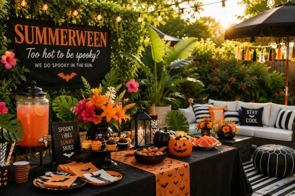 Summerween backyard party decor with black and orange table setting