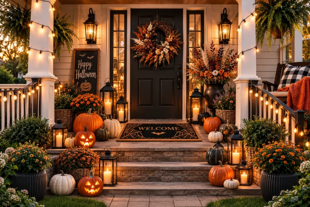 Aesthetic Halloween front porch decor with wreath, lanterns, and pumpkin cluster
