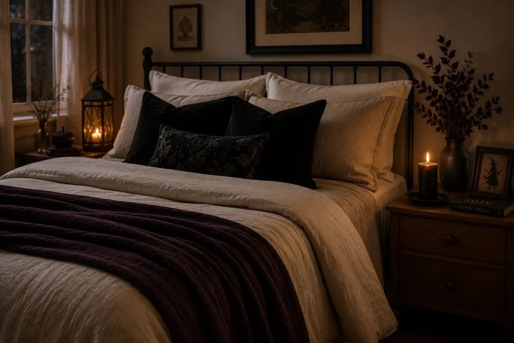 Halloween bedroom decor with dark throw blanket and candle