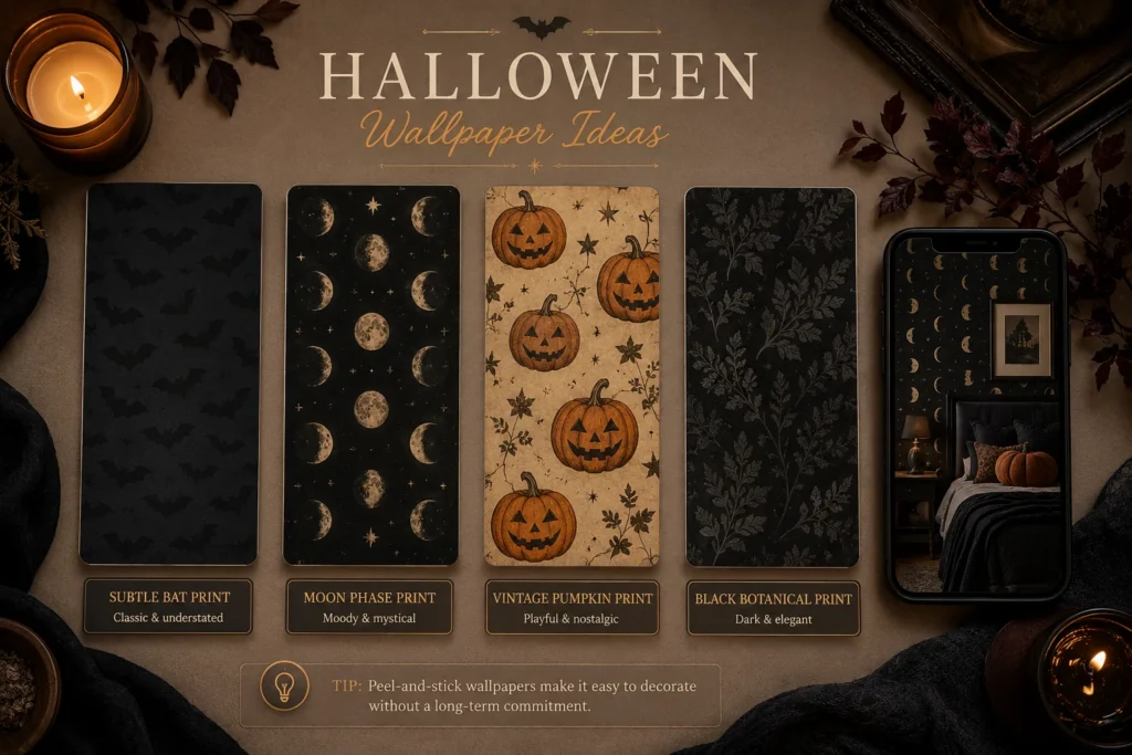 Halloween wallpaper pattern options including bat and moon prints