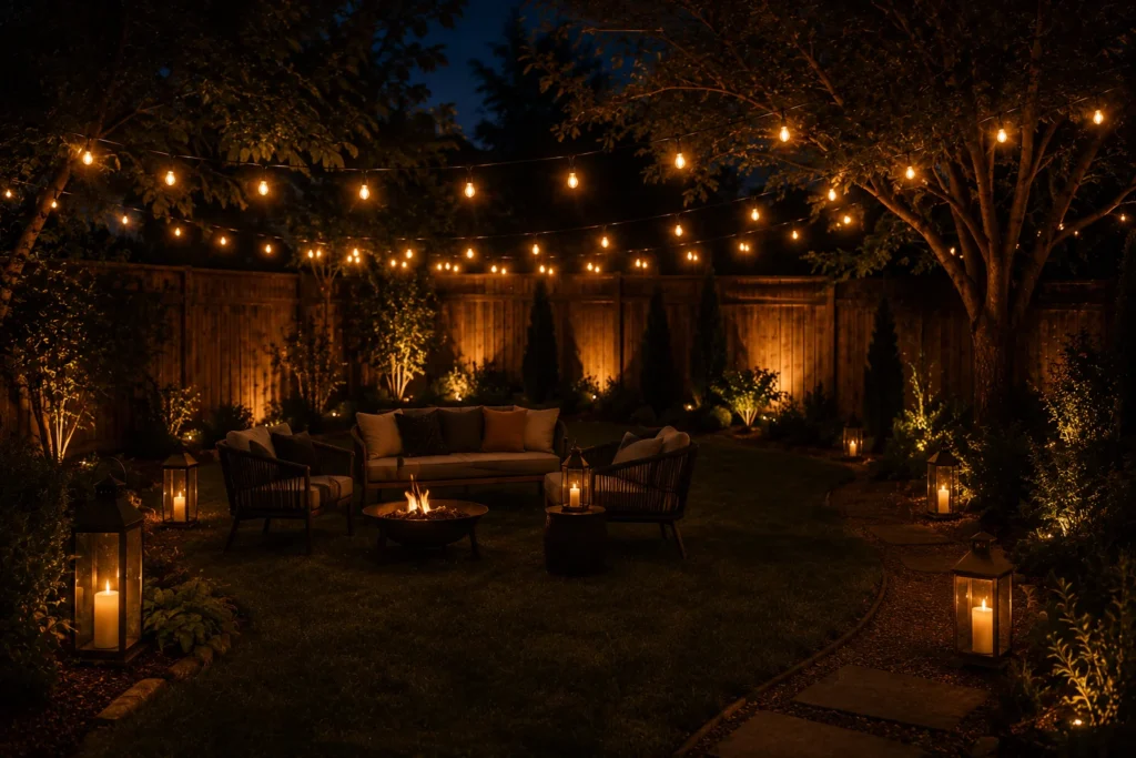 Backyard Halloween party lighting with string lights and lanterns
