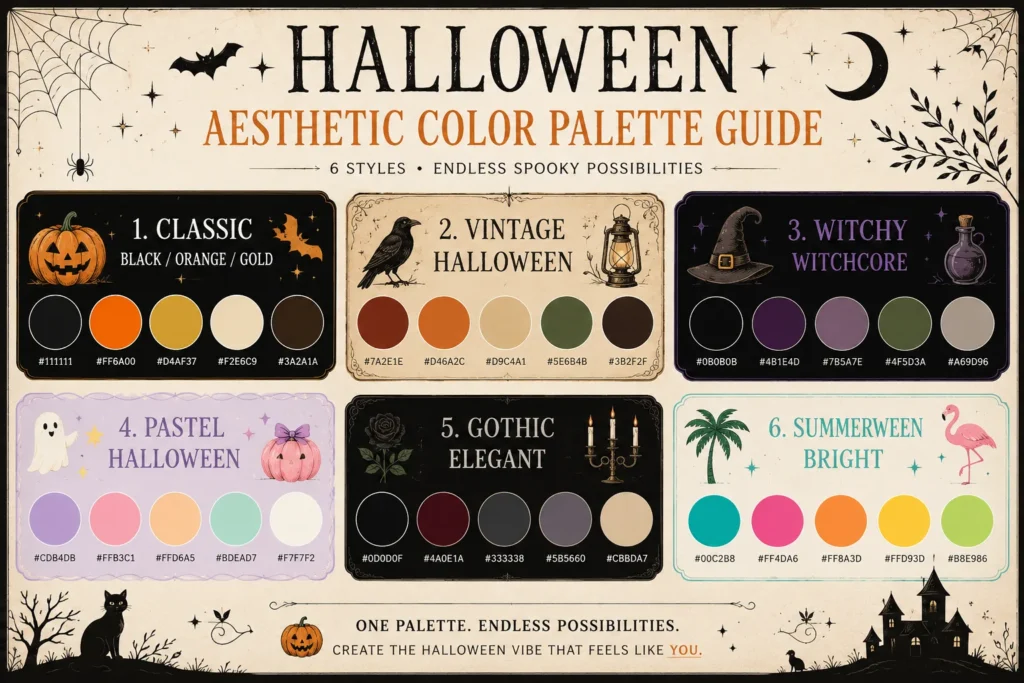 Halloween decor color palette options including vintage and witchy styles