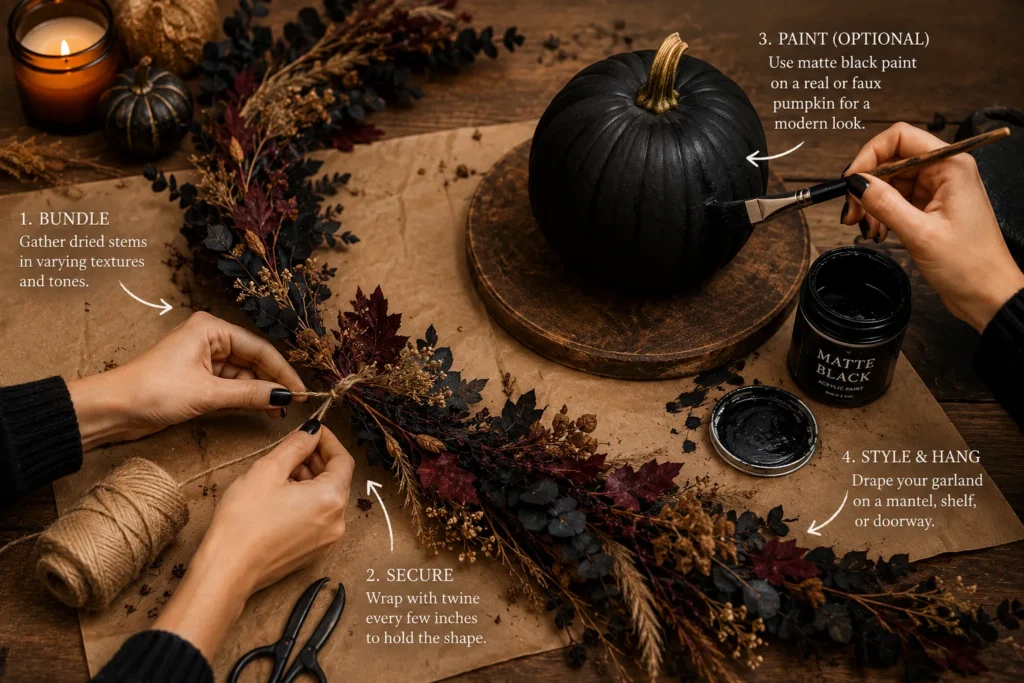 DIY Halloween garland and painted pumpkin craft in progress