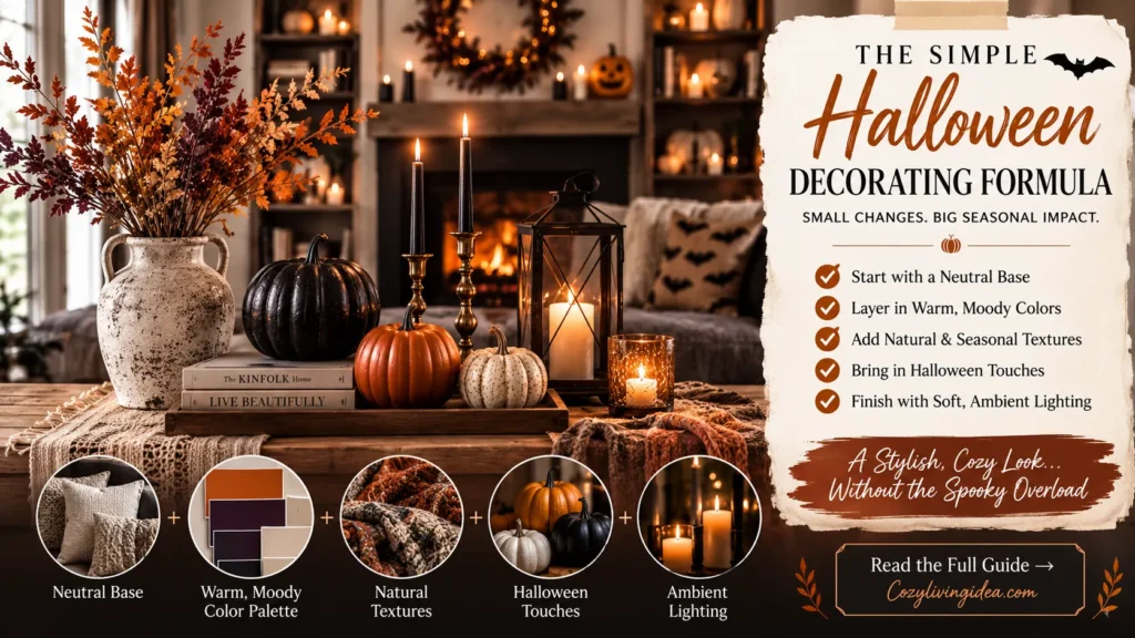 Halloween decorating formula flat lay with candle, pumpkin, and dried florals